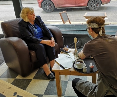 Student Daniel serving Jane Hunt MP at Breward's